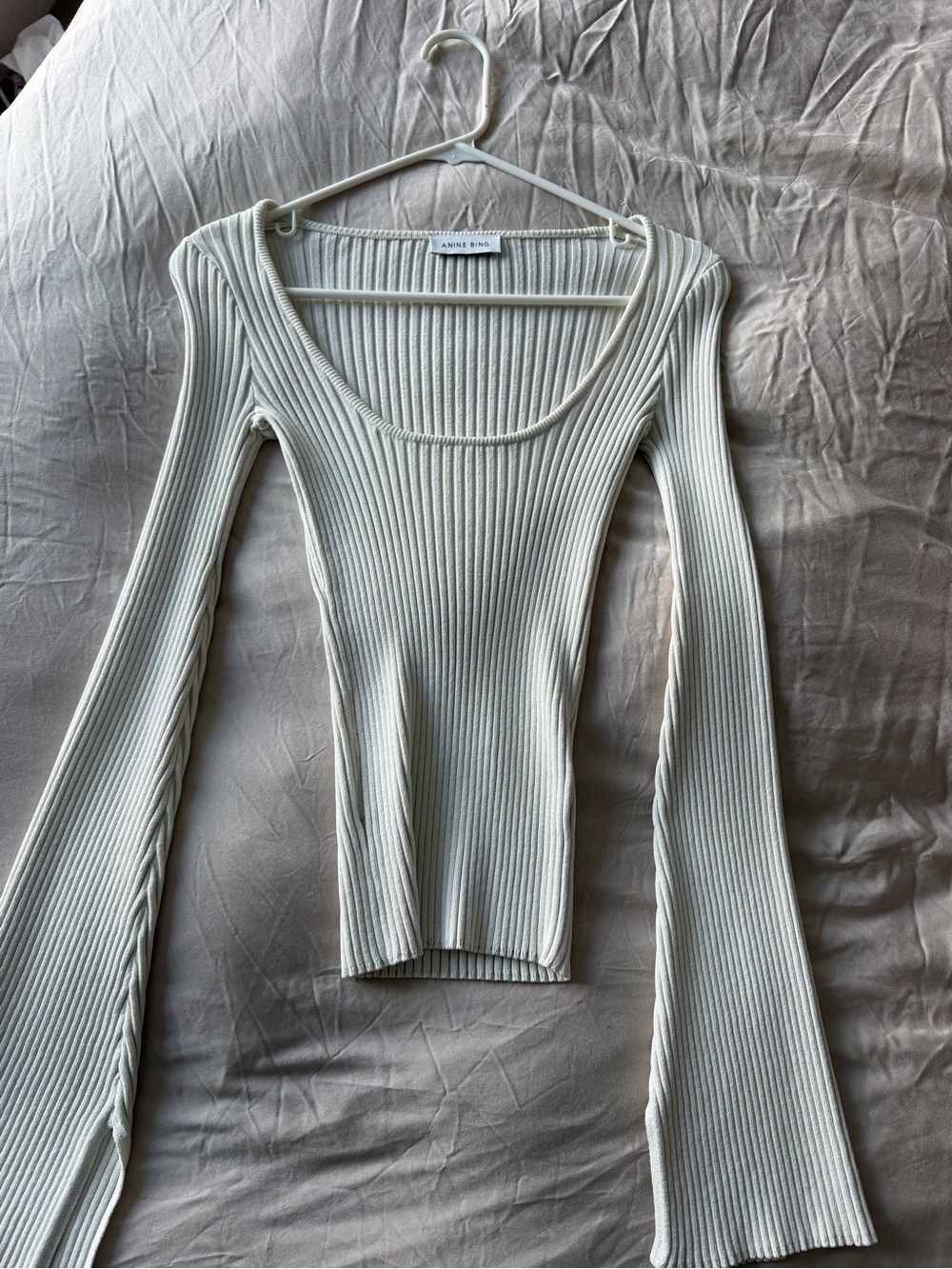 Anine Bing Cream Ribbed Scoop-Neck Long Sleeve Top
